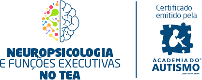 Logo do curso Neuropsicologia e Funções Executivas no TEA e selo de certificado emitido pela Academia do Autismo.